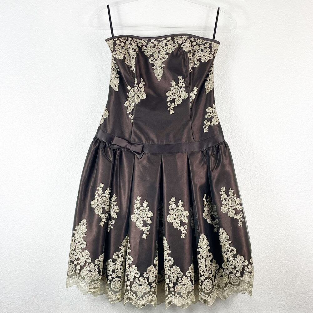 Jessica McClintock Women's Chocolate Brown Cream Lace Overlay Strapless Dress 6